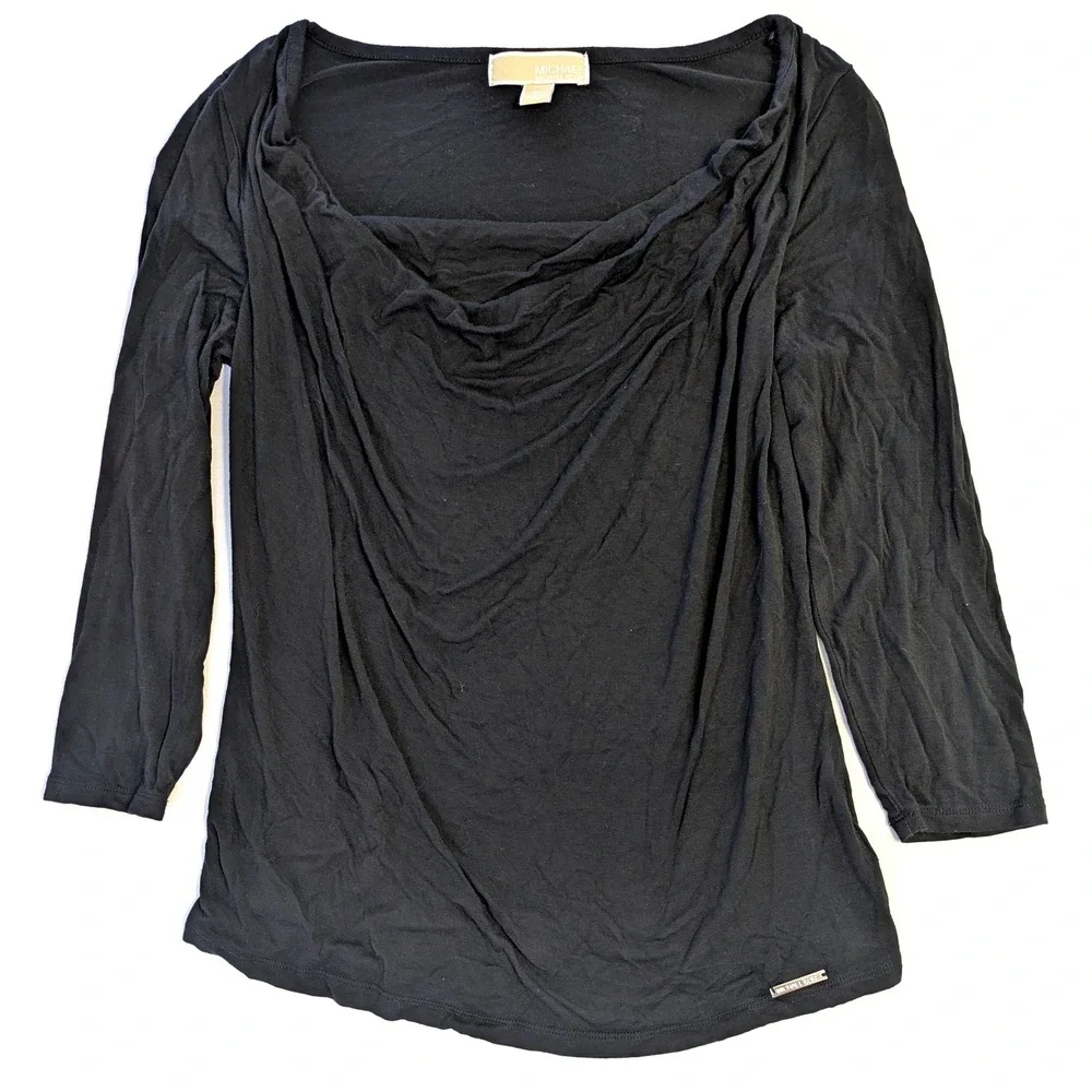Michael Kors Black Cowl Neck Top 3/4 Sleeve Jersey Blouse Medium